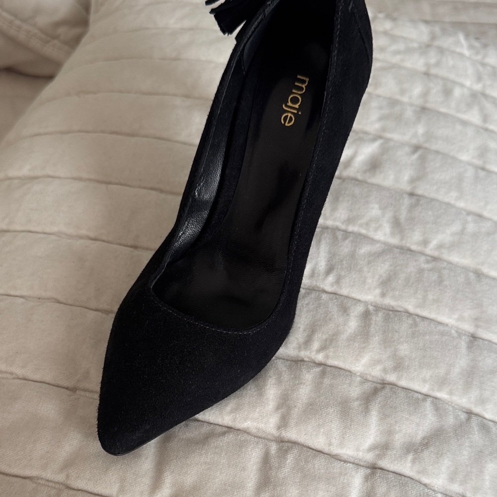 Maje Black Suede Pointed Toe Pump with Back Bow